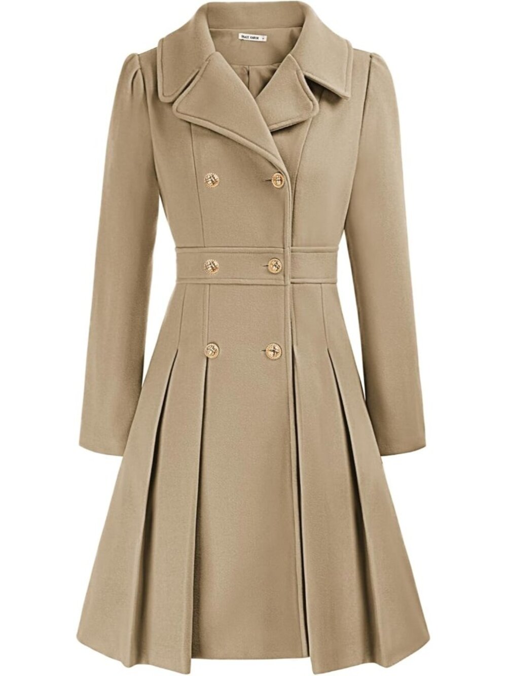 Women's Camel Khaki Double Breasted Gold Button Notch Lapel Pleated Trench Coat